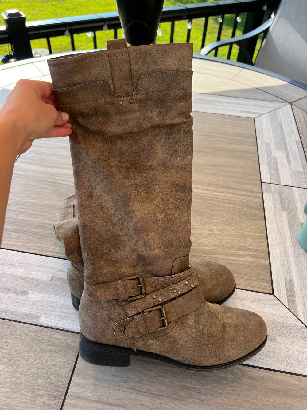 Women's Taupe Suede Buckle Boots